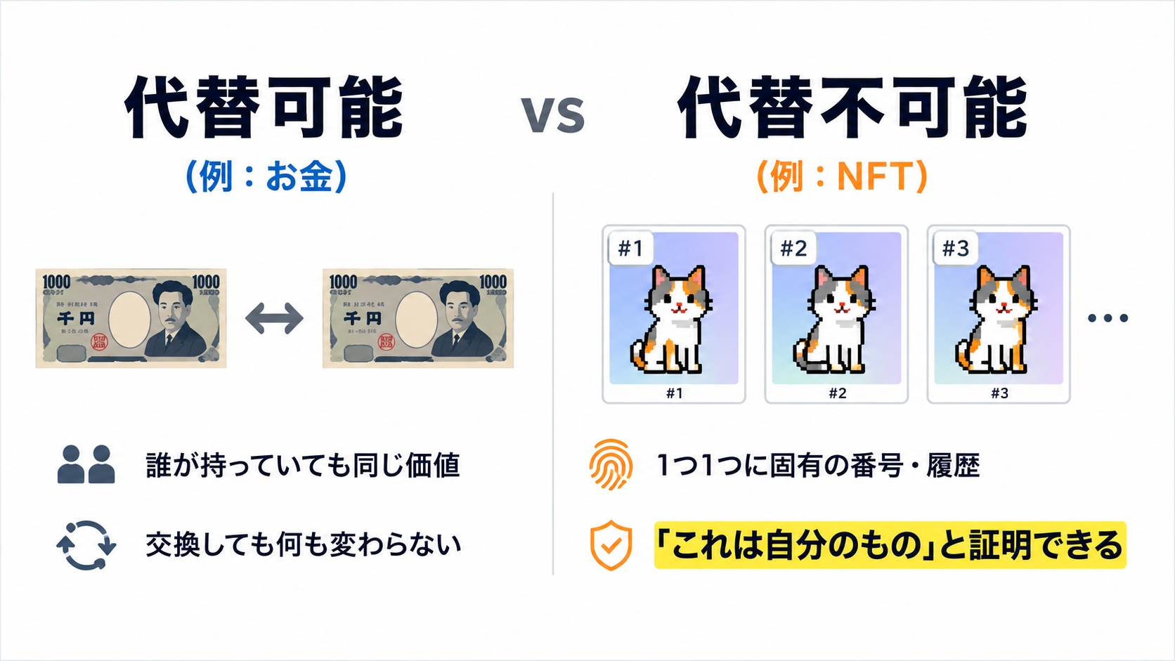代替可能なもの（お金）と代替不可能なもの（NFT）の比較図