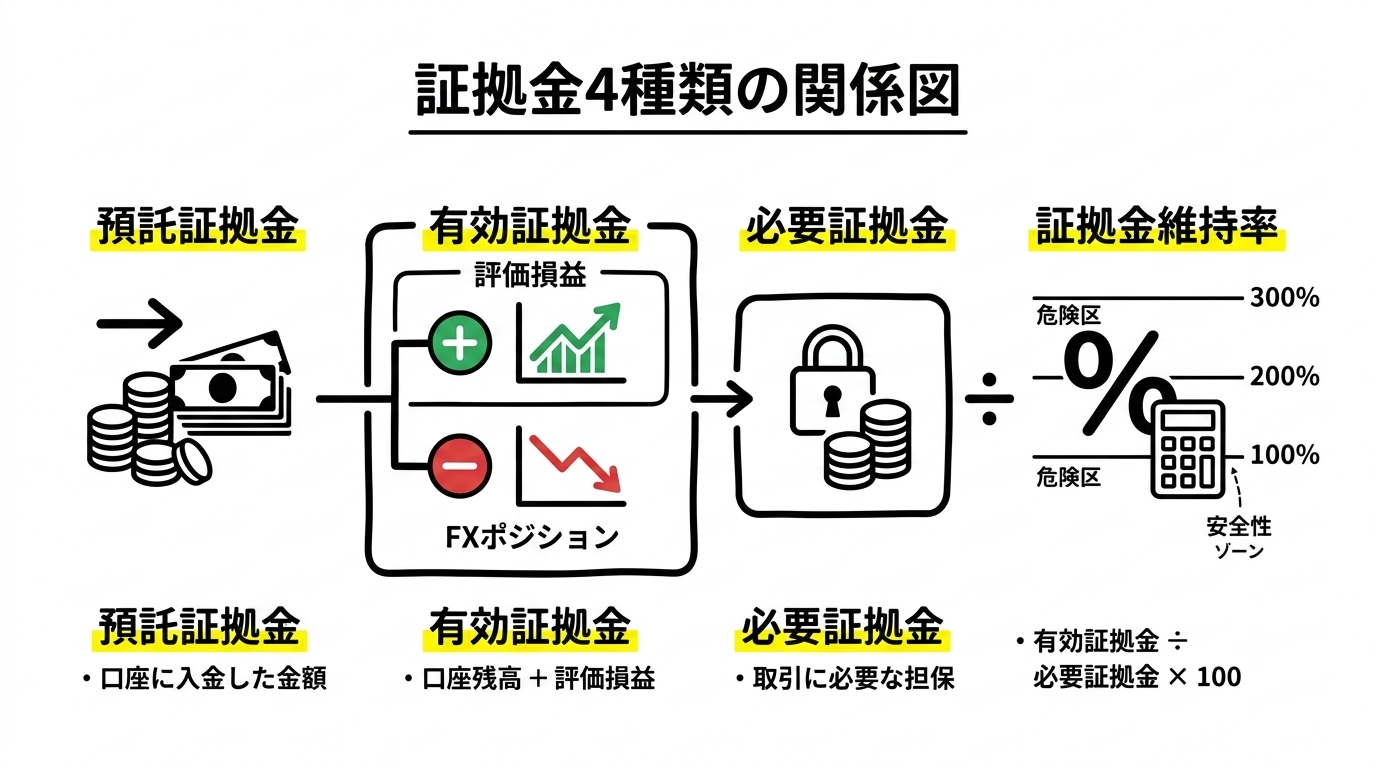 預託証拠金・必要証拠金・有効証拠金・証拠金維持率の関係図