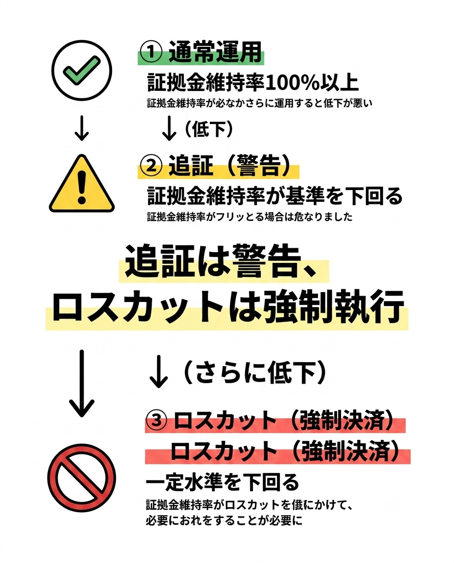 証拠金維持率が下がったときの「追証」から「ロスカット」への流れ