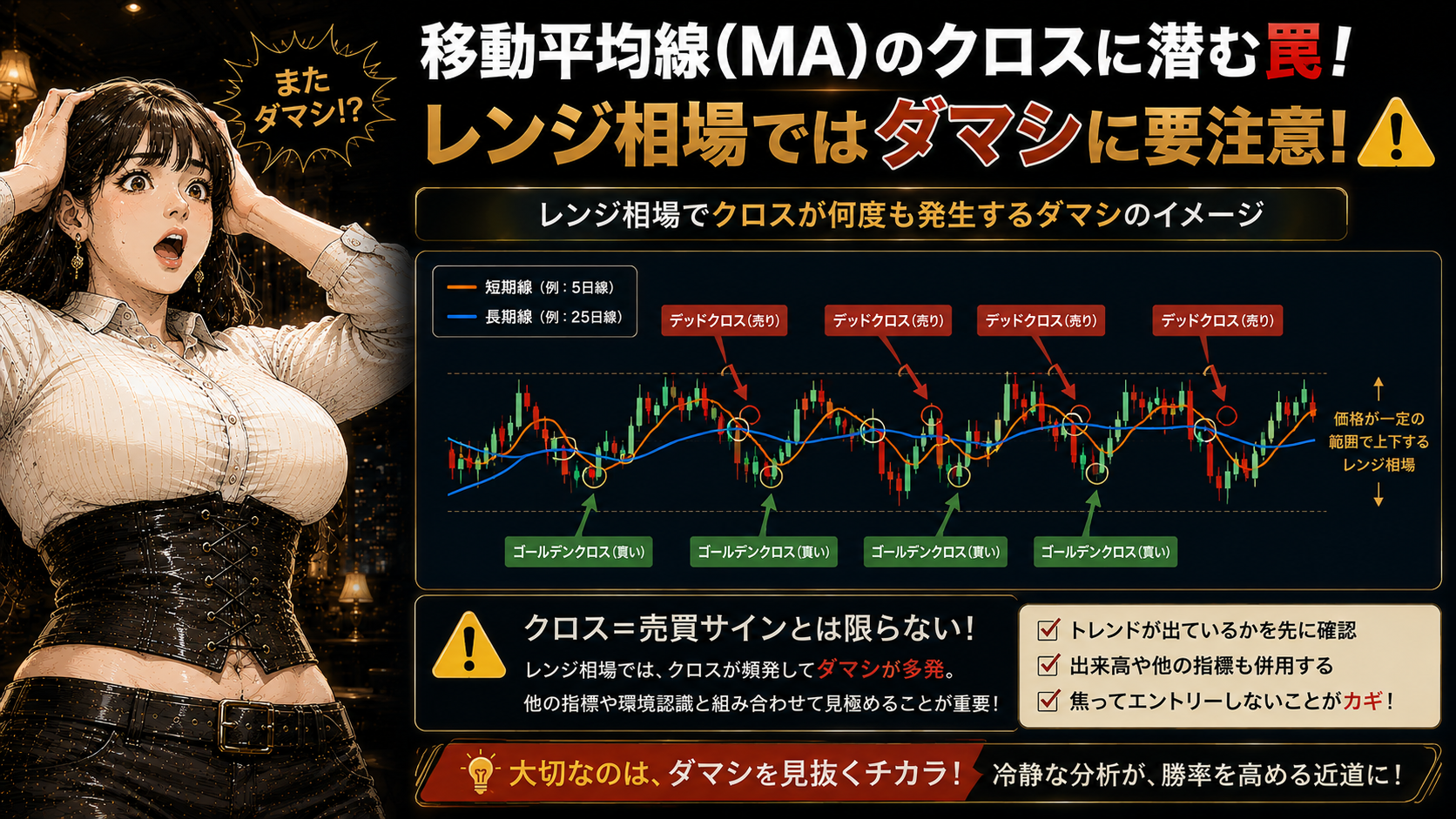 レンジ相場でクロスが何度も発生するダマシのイメージ