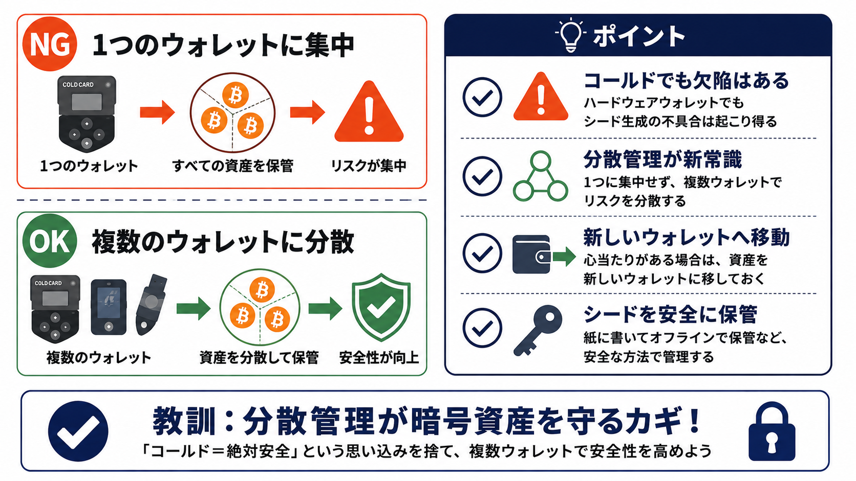資産を1つのウォレットに集中させず複数のウォレットに分散させて管理するイメージ