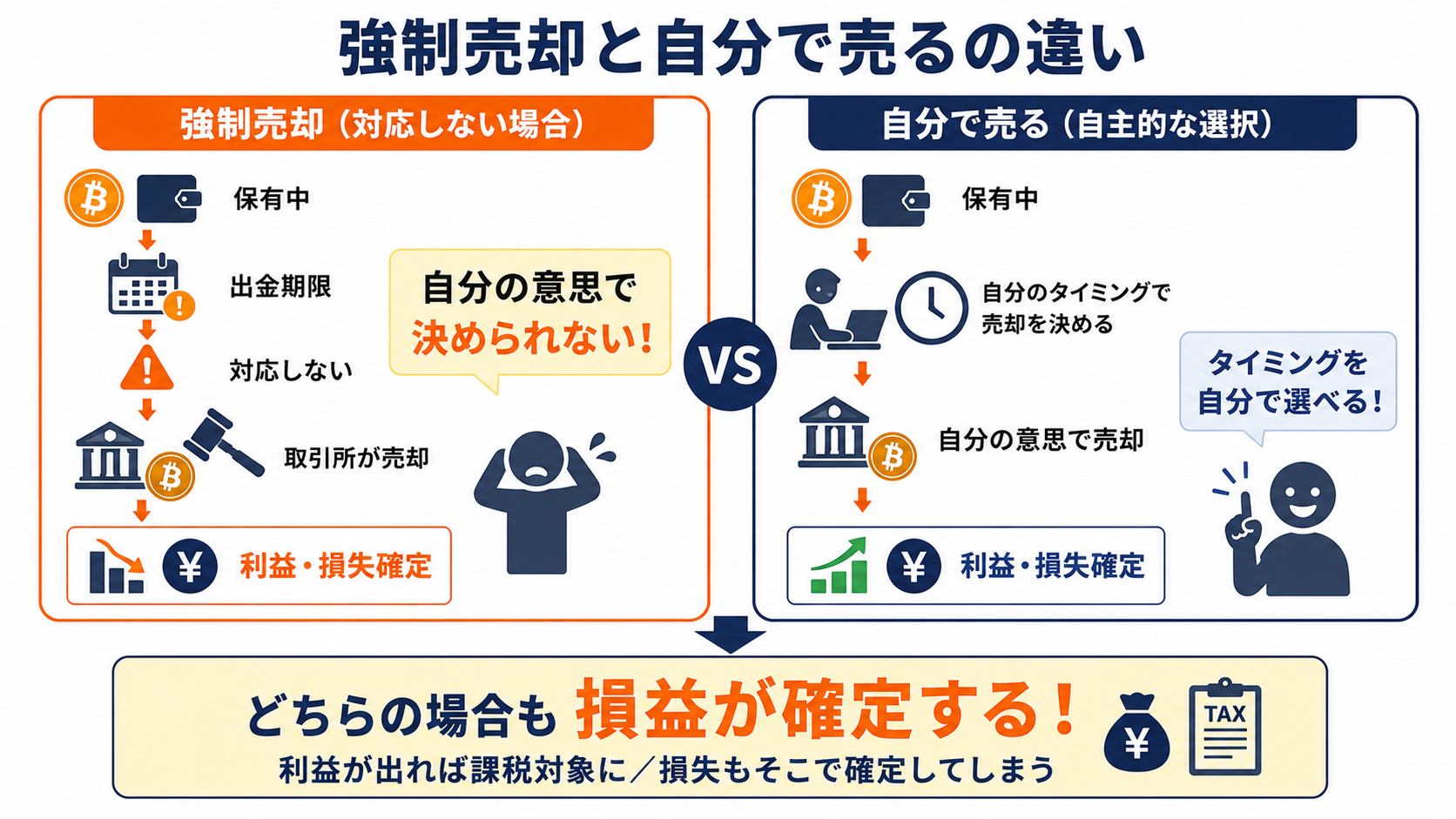 出金期限までに対応しないと任意レートで強制売却され利益や損失が確定してしまう様子の図解
