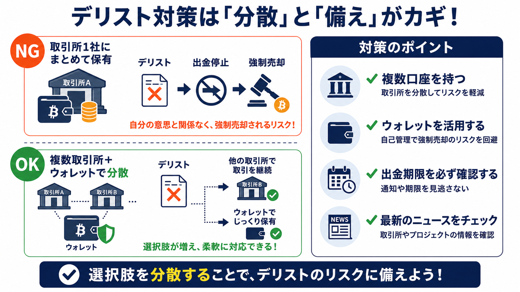 暗号資産を外部ウォレットに移すことで取引所の強制決済のタイミングから切り離す仕組みの図解