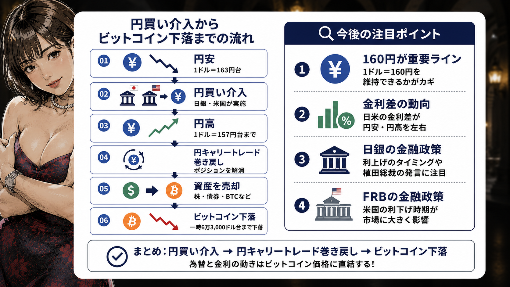 円買い介入から円キャリートレードの巻き戻し、ビットコイン下落までの流れをまとめた図解